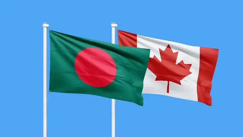 বাংলাদেশ ও কানাডার পতাকা উড়ছে, আন্তর্জাতিক সম্পর্কের প্রতীক. Channel i News - চ্যানেল আই নিউজ