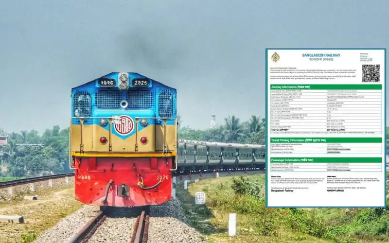 বাংলাদেশ রেলওয়ে ট্রেনের সামনে টিকিট বোর্ড ও ট্রেনের ছবি. Channel i News - চ্যানেল আই নিউজ