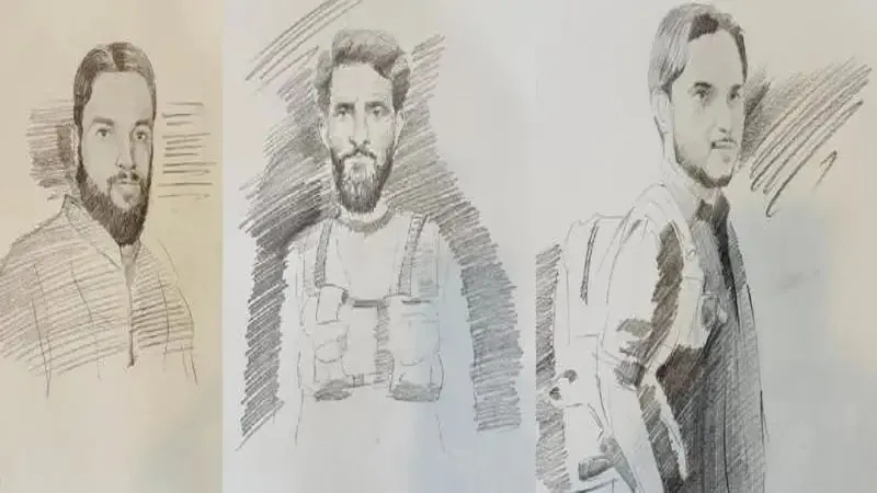 তিনজন সন্দেহভাজন ব্যক্তির স্কেচ চিত্র, পাকিস্তানি সন্দেহভাজনদের অন্তর্ভুক্ত. Channel i News - চ্যানেল আই নিউজ