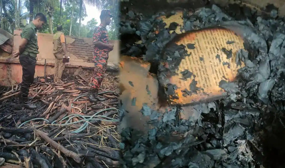 প্রশান্ত হালদারের বাড়িতে অগ্নিকাণ্ডের ছবি, ক্ষতিগ্রস্ত বাড়ির ধ্বংসাবশেষ. Channel i News - চ্যানেল আই নিউজ
