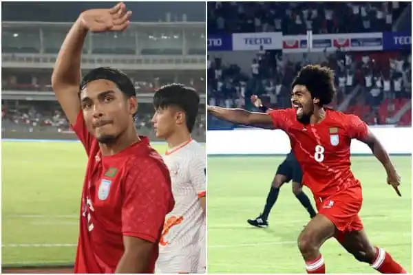 বাংলাদেশের ফুটবল খেলোয়াড় হামজা ও ফাহমিদুল মাঠে অভিবাদন জানাচ্ছেন. Channel i News - চ্যানেল আই নিউজ