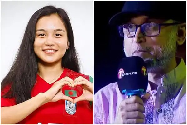 বাংলাদেশের নারী ফুটবল খেলোয়াড়ের ছবি, হাসিমুখে হৃদয় চিহ্ন তৈরি করছে. Channel i News - চ্যানেল আই নিউজ