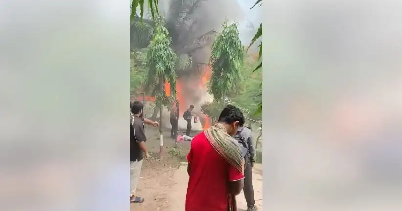 বৃক্ষের পাশে অগ্নিকাণ্ডের দৃশ্য, মানুষ দেখছে. Channel i News - চ্যানেল আই নিউজ
