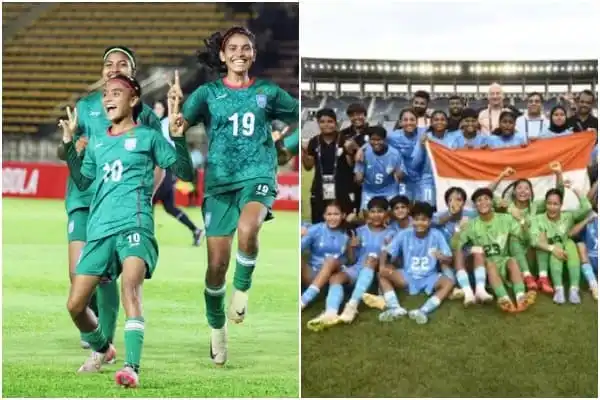 বাংলাদেশ নারী ফুটবল দল মাঠে খেলছে, উল্লাসে ভরা ছবি. Channel i News - চ্যানেল আই নিউজ