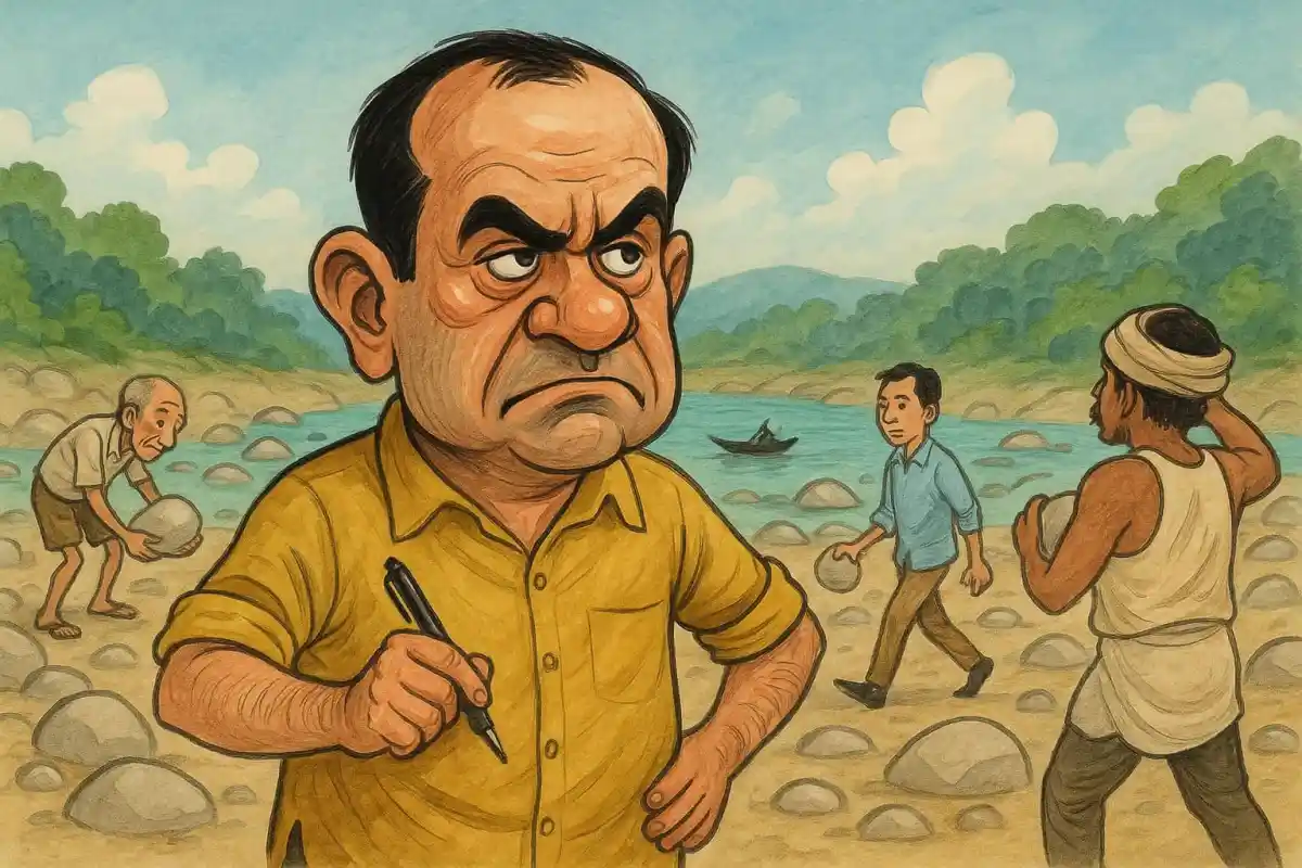 রাজনৈতিক caricature depicting a man with a stern expression holding a pen. Channel i News - চ্যানেল আই নিউজ