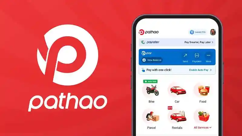Pathao অ্যাপের লোগো ও মোবাইল স্ক্রিনের ছবি, যেখানে বিভিন্ন সার্ভিসের আইকন দেখা যাচ্ছে. Channel i News - চ্যানেল আই নিউজ