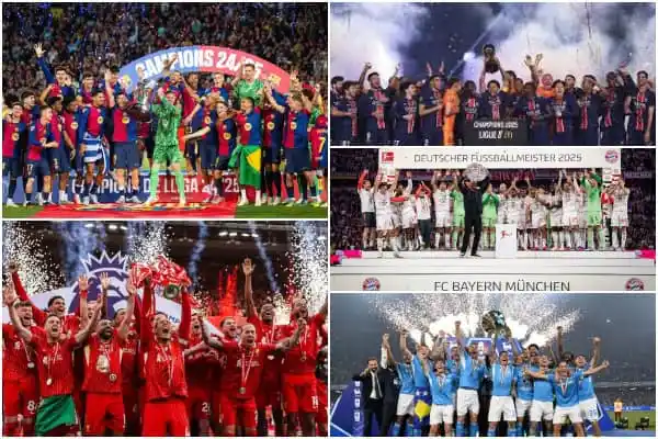 European football champions celebrating victory with trophies and confetti. Channel i News - চ্যানেল আই নিউজ