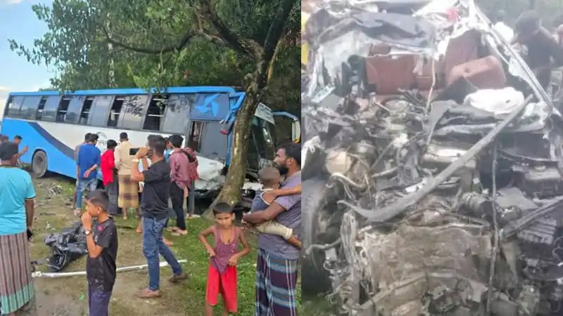 বিধ্বস্ত বাস ও প্রাইভেটকারের ছবি, দুর্ঘটনা স্থান. Channel i News - চ্যানেল আই নিউজ