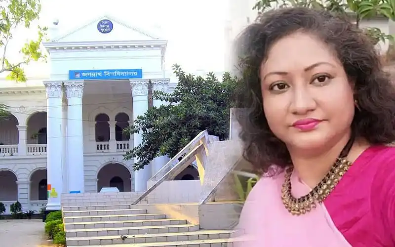 জবি হলের সামনে একজন মহিলার ছবি, পেছনে বিশ্ববিদ্যালয় ভবন দেখা যাচ্ছে।. Channel i News - চ্যানেল আই নিউজ