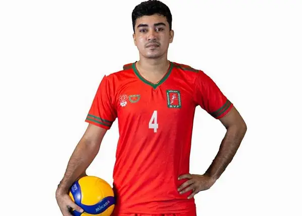 বাংলাদেশের কাবা কাপ ভলিবল দলের খেলোয়াড়, জার্সি নম্বর 4, পোজ দিচ্ছেন।. Channel i News - চ্যানেল আই নিউজ
