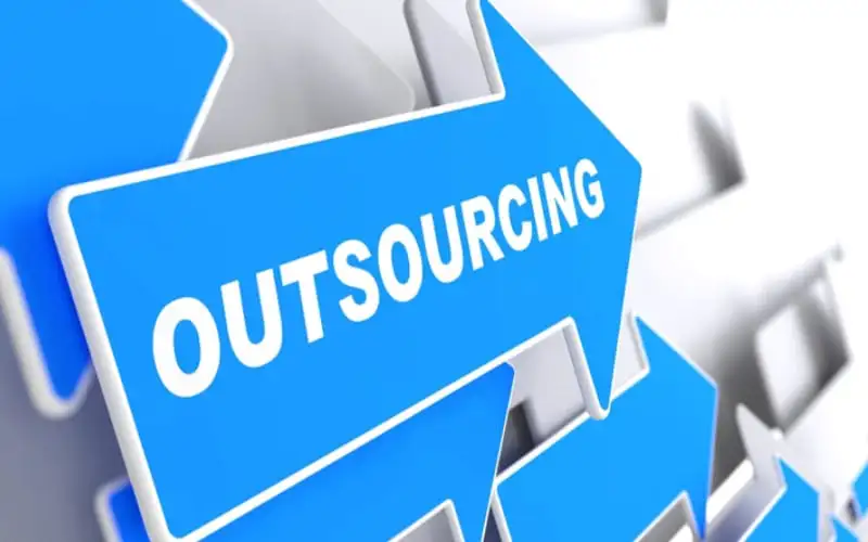 Outsourcing arrow sign in blue with white text on a digital background. Channel i News - চ্যানেল আই নিউজ
