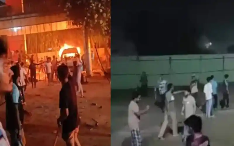 Students protesting outside Daffodil University during a crisis. Channel i News - চ্যানেল আই নিউজ