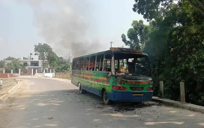 Burned bus after fire incident in Tangail, Bangladesh. Channel i News - চ্যানেল আই নিউজ