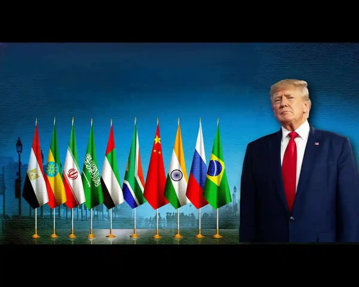 ট্রাম্পের ছবি ও ব্রিকস সদস্য দেশের পতাকা. Channel i News - চ্যানেল আই নিউজ