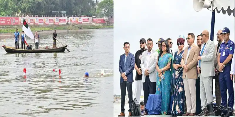 সাঁতার প্রতিযোগিতা ও উদ্বোধনী অনুষ্ঠানের দৃশ্য, দর্শক ও অতিথিরা উপস্থিত. Channel i News - চ্যানেল আই নিউজ