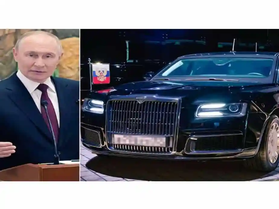 Putin's security vehicle 'Oryus Sennat' shown with a black luxury car and Putin. Channel i News - চ্যানেল আই নিউজ