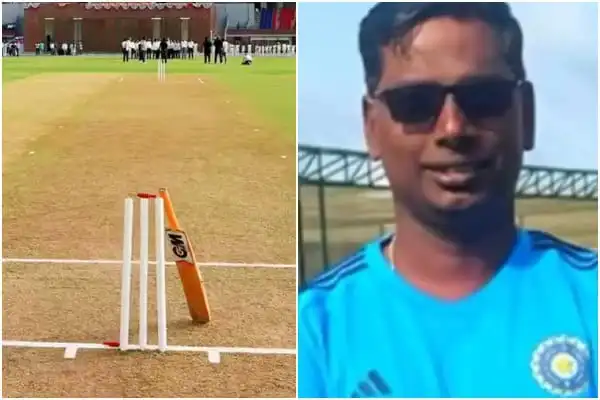 ক্রিকেট মাঠে ব্যাট ও উইকেট, পাশে একজন ক্রিকেটার মুখোশ পরা. Channel i News - চ্যানেল আই নিউজ