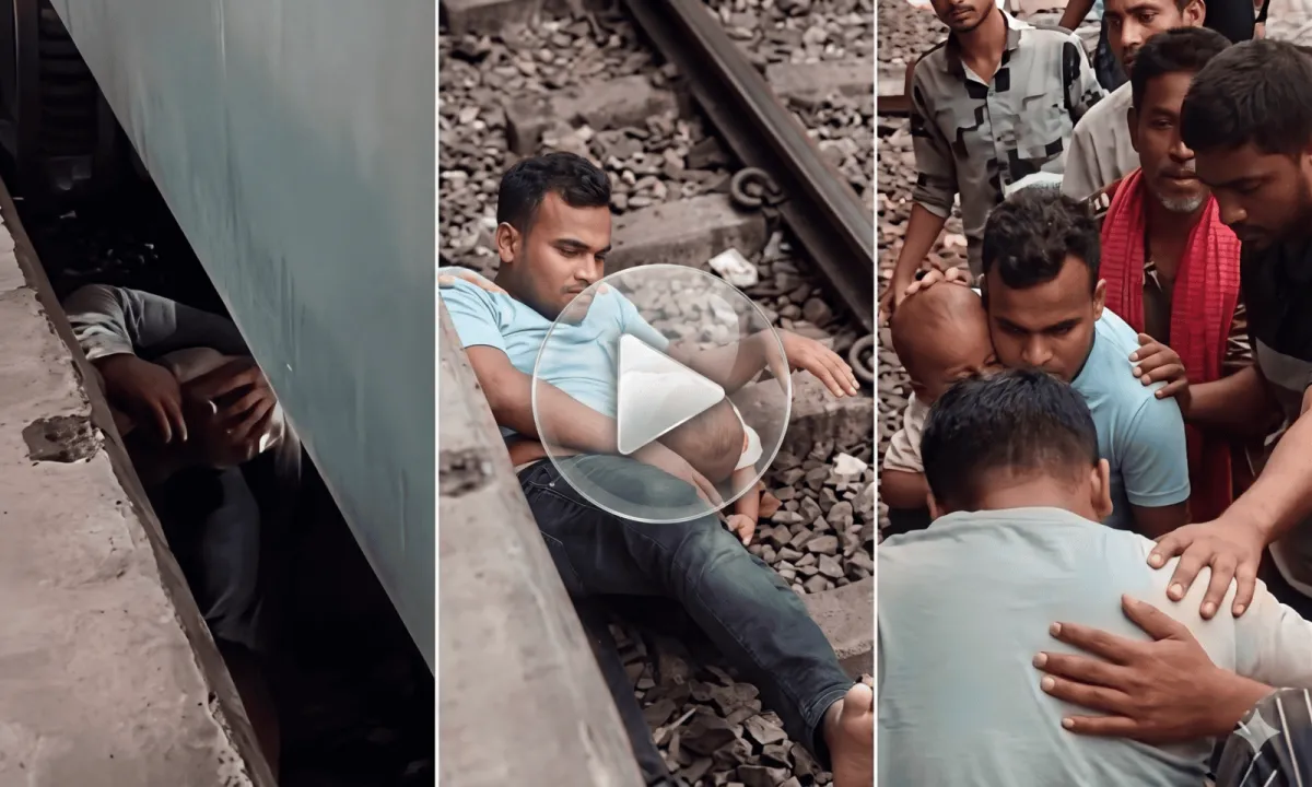 হৃদয়স্পন্দন থামিয়ে দেওয়া সেই মুহূর্ত ট্রেনের নিচে ছেলেকে জাপটে ধরলেন বাবা।