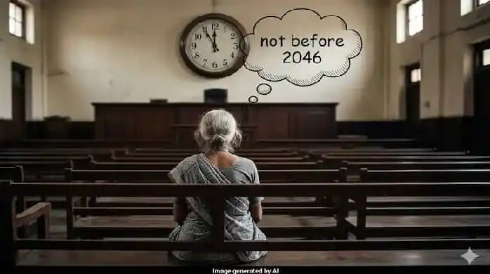 বৃদ্ধা মহিলা আদালত কক্ষে বসে, বোর্ডে 'not before 2046' লেখা বোঝানো হচ্ছে।. Channel i News - চ্যানেল আই নিউজ