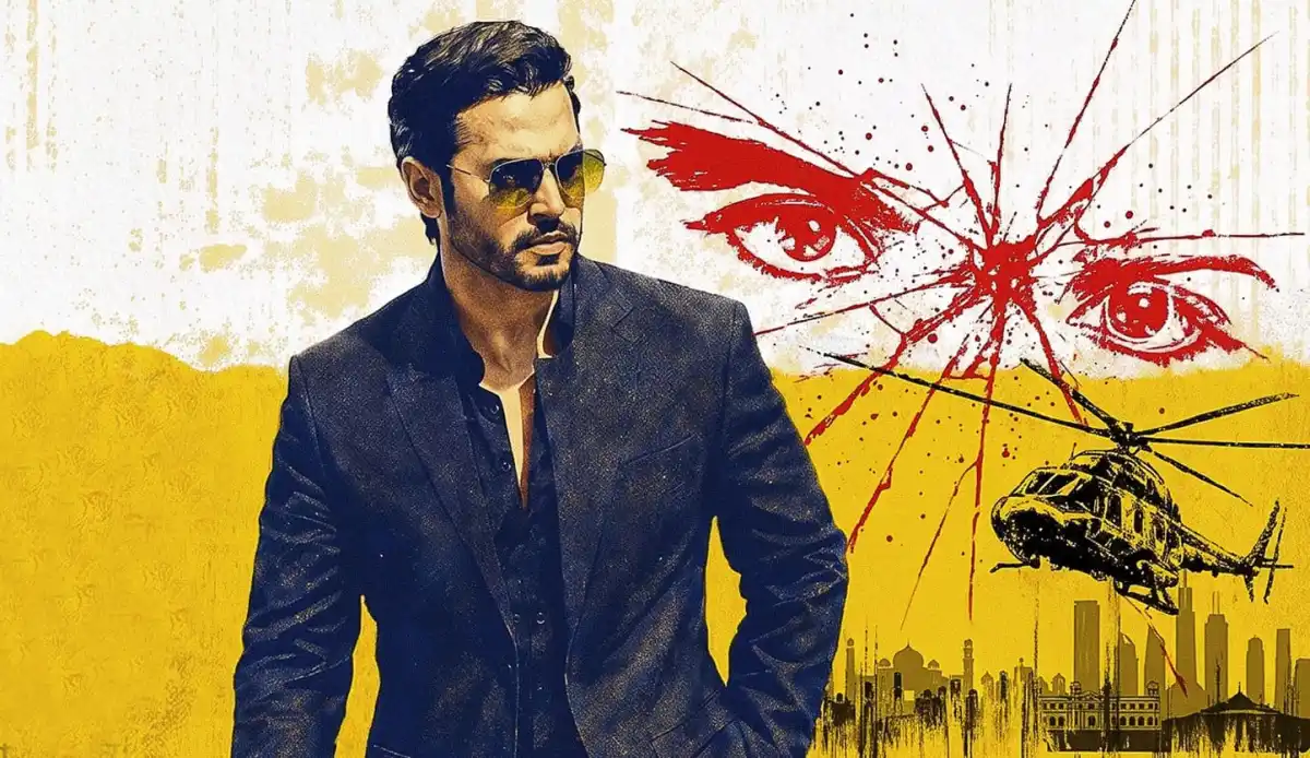 অভিনেতা মাসুদ রানা চরিত্রে, পটভূমিতে হেলিকপ্টার ও শহর দৃশ্য. Channel i News - চ্যানেল আই নিউজ