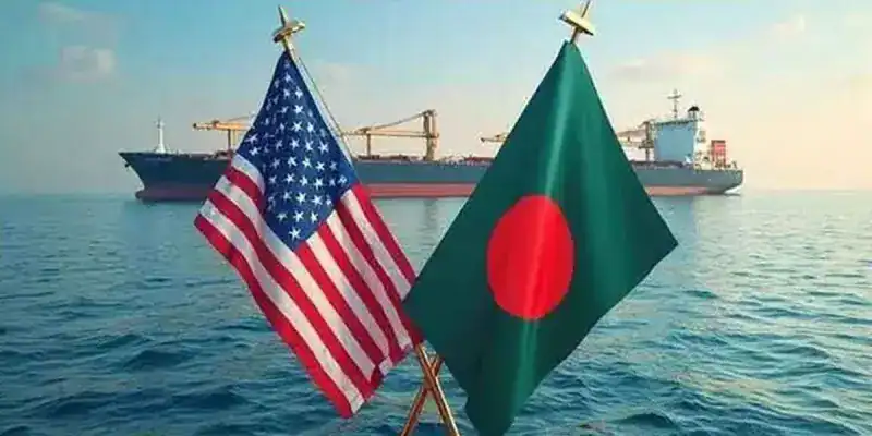বাংলাদেশ ও মার্কিন যুক্তরাষ্ট্রের পতাকা সমুদ্রের পাশে উড়ছে. Channel i News - চ্যানেল আই নিউজ