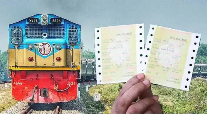 ট্রেনের সামনে হাতে দুটি টিকিট দেখাচ্ছেন একজন ব্যক্তি. Channel i News - চ্যানেল আই নিউজ