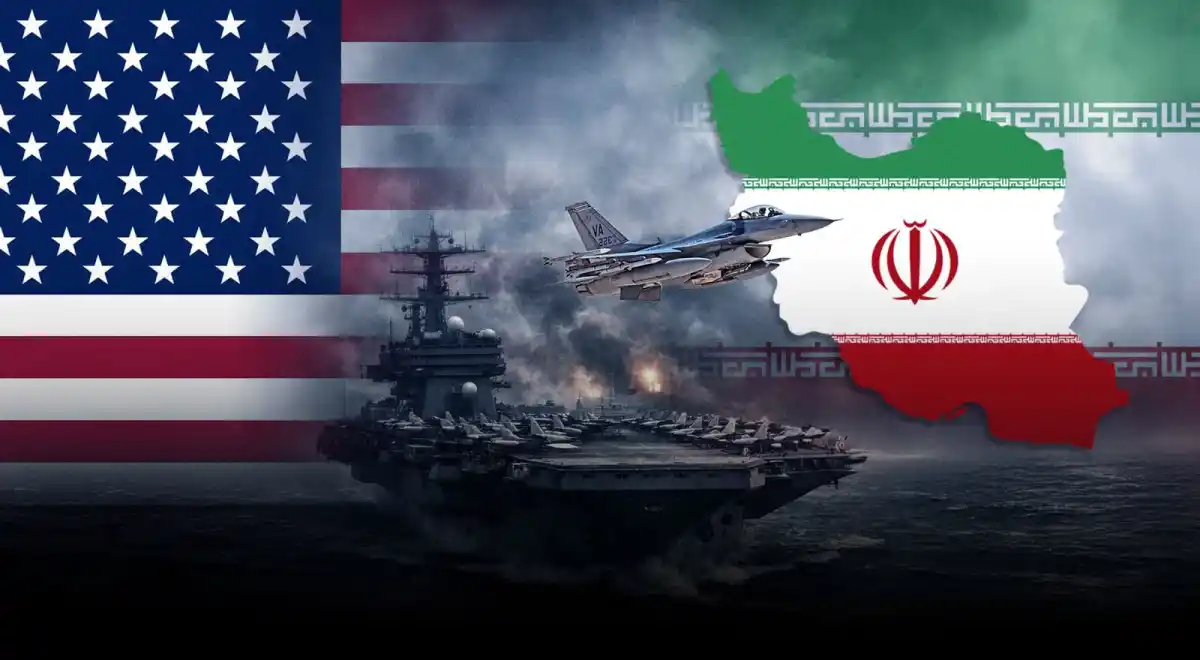 US and Iran military conflict with flags, fighter jet, and warship. Channel i News - চ্যানেল আই নিউজ