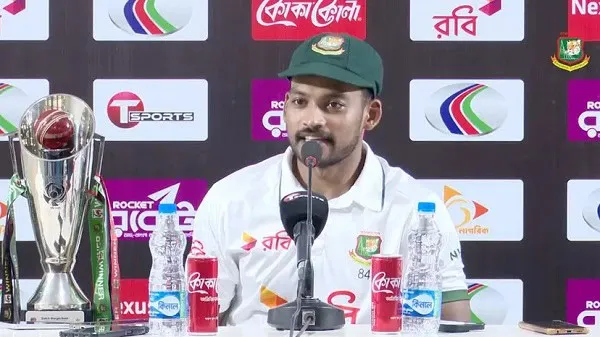বাংলাদেশ ক্রিকেটার শান্ত সংবাদ সম্মেলনে অংশগ্রহণ করছেন. Channel i News - চ্যানেল আই নিউজ