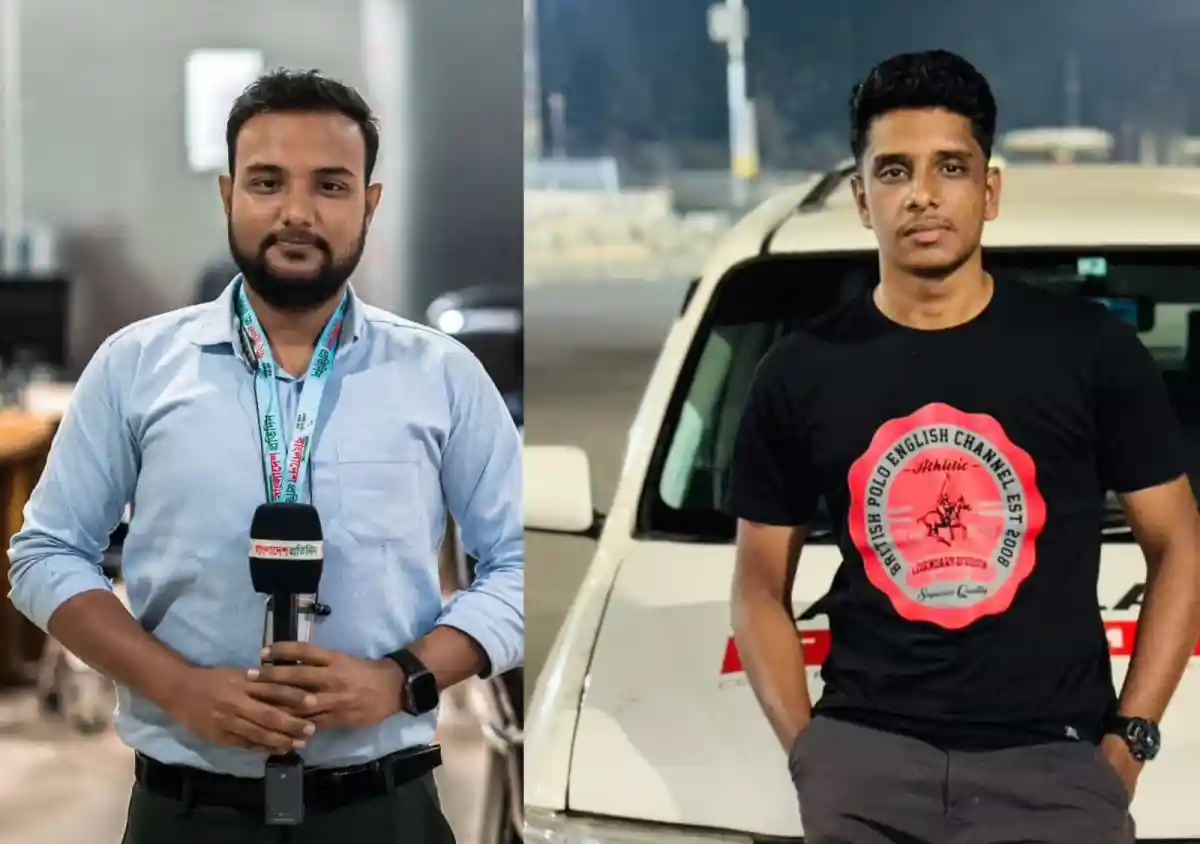 দুই সাংবাদিক পেশাগত দায়িত্বে থাকাকালে ছবি তোলা. Channel i News - চ্যানেল আই নিউজ