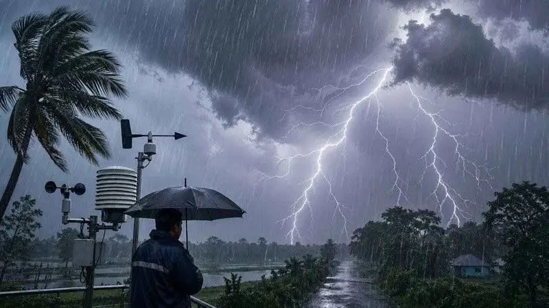 বজ্রপাতের সময় বৃষ্টির মধ্যে একজন ব্যক্তি ছাতা ধরে দাঁড়িয়ে আছেন।. Channel i News - চ্যানেল আই নিউজ