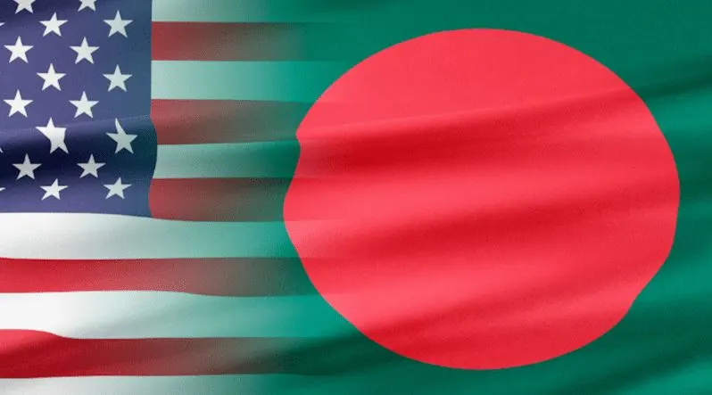 বাংলাদেশ ও যুক্তরাষ্ট্রের পতাকা একসাথে দেখানো হয়েছে. Channel i News - চ্যানেল আই নিউজ