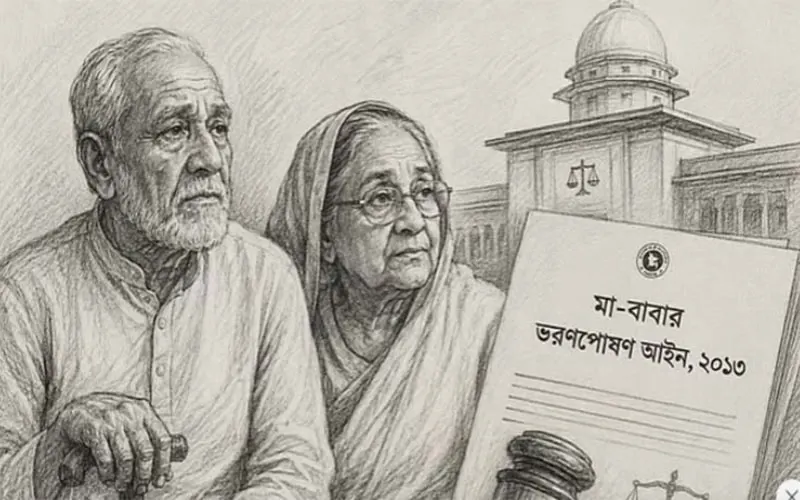Elderly couple reviewing legal documents in front of a government building. Channel i News - চ্যানেল আই নিউজ