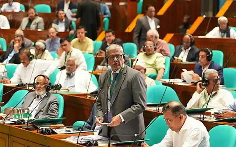 Bangladeshi parliament session with lawmakers and speaker in the chamber. Channel i News - চ্যানেল আই নিউজ