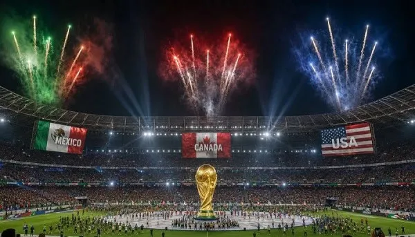 বিশ্বকাপ উদ্বোধনী অনুষ্ঠানে fireworks display over stadium with flags of Mexico, Canada, USA. Channel i News - চ্যানেল আই নিউজ