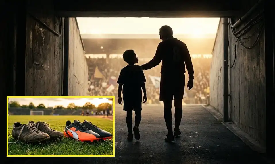 Father and son walking through stadium tunnel at sunset, football shoes on field. Channel i News - চ্যানেল আই নিউজ