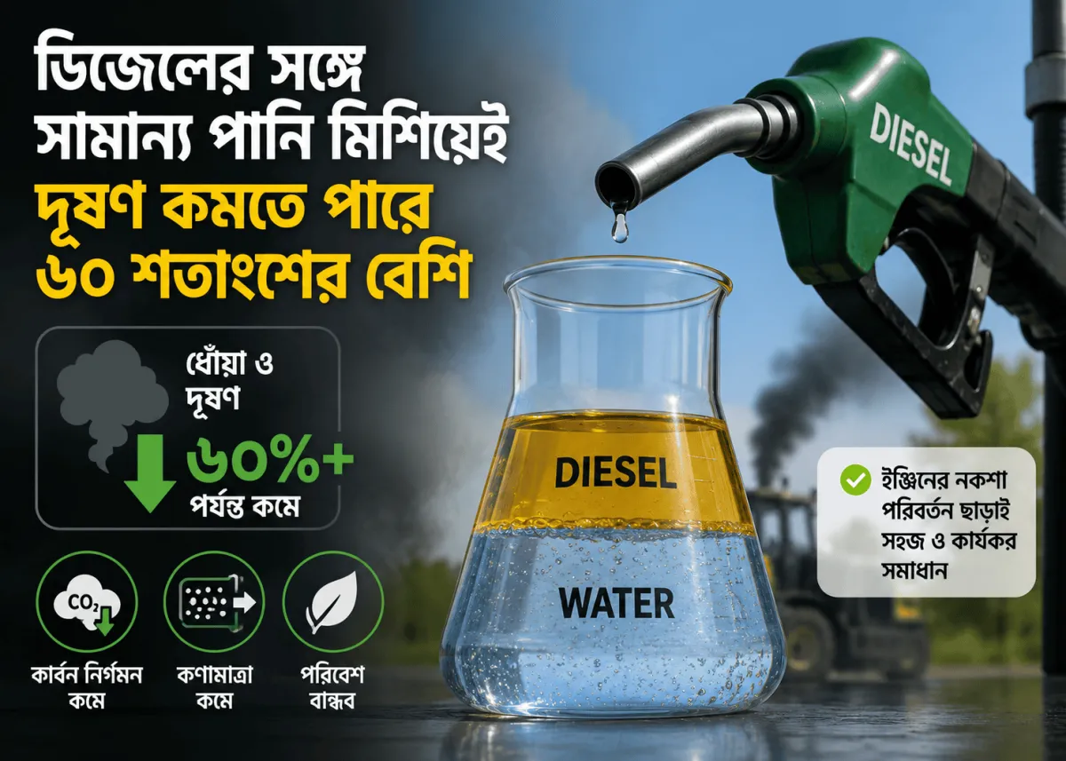 ডিজেলের সঙ্গে সামান্য পানি মিশিয়ে দূষণ কমানোর পদ্ধতি দেখানো হয়েছে।. Channel i News - চ্যানেল আই নিউজ