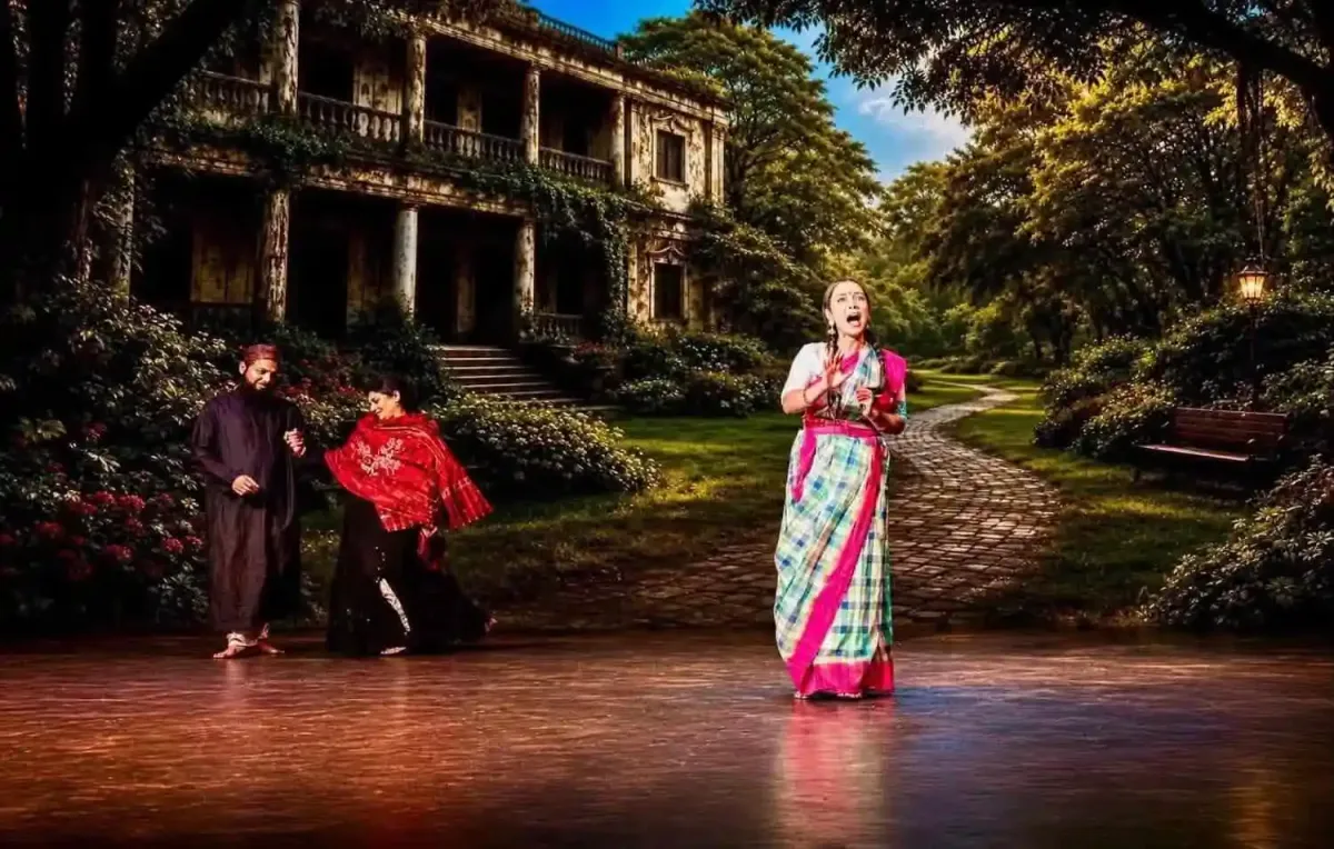 বাংলাদেশের নাট্যশিল্পের দৃশ্য, তিনজন অভিনেতা একটি সুন্দর উদ্যানের মধ্যে পারফর্ম করছে. Channel i News - চ্যানেল আই নিউজ