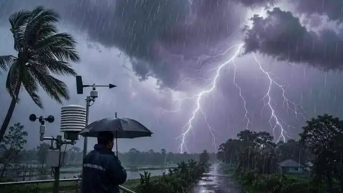 বজ্রঝড়ের সময় বৃষ্টিতে ভিজে একজন ব্যক্তি ছাতা ধরে দাঁড়িয়ে আছেন. Channel i News - চ্যানেল আই নিউজ