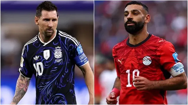 Lionel Messi and Mohamed Salah in football jerseys during a match. Channel i News - চ্যানেল আই নিউজ