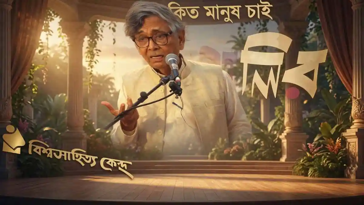 সায়ীদ স্যার বক্তৃতা দিচ্ছেন, পেছনে বাংলার পতাকা ও দর্শক. Channel i News - চ্যানেল আই নিউজ