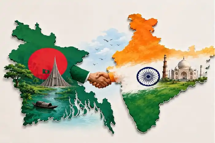 বাংলাদেশ ও ভারতের মানচিত্রের মধ্যে হাত মেলানো, শান্তি ও সংলাপের প্রতীক. Channel i News - চ্যানেল আই নিউজ