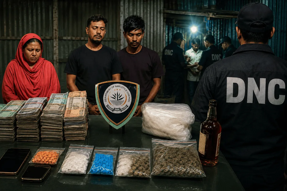 মাদকসহ গ্রেপ্তারকৃতদের ছবি, পুলিশ ও ডিবি সদস্যরা উপস্থিত. Channel i News - চ্যানেল আই নিউজ