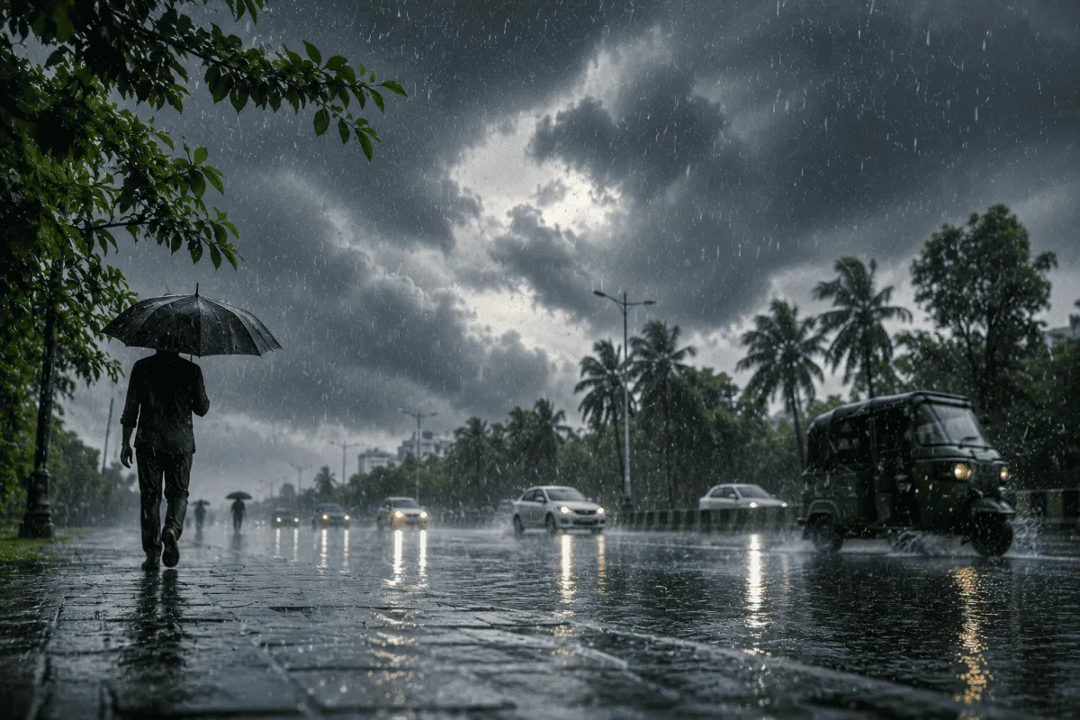বৃষ্টি ও বজ্রপাতের মধ্যে শহরে মানুষ ও যানবাহন চলাচল করছে. Channel i News - চ্যানেল আই নিউজ