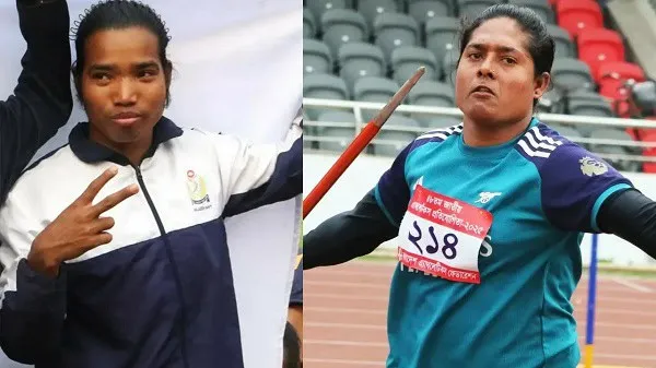 দুটি নারী অ্যাথলেটের ছবি, একজন পজিশনে, অন্যজন ট্র্যাকের পাশে. Channel i News - চ্যানেল আই নিউজ