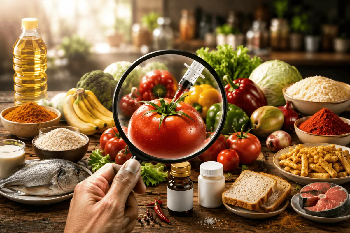 Fresh vegetables, fruits, and fish with a magnifying glass and syringes on a kitchen table. Channel i News - চ্যানেল আই নিউজ