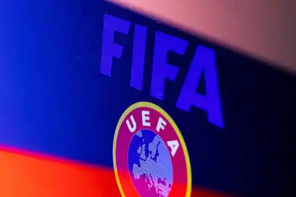 FIFA ও উয়েফার লোগো সহ ছবি, ফুটবল সংস্থার প্রতীক. Channel i News - চ্যানেল আই নিউজ