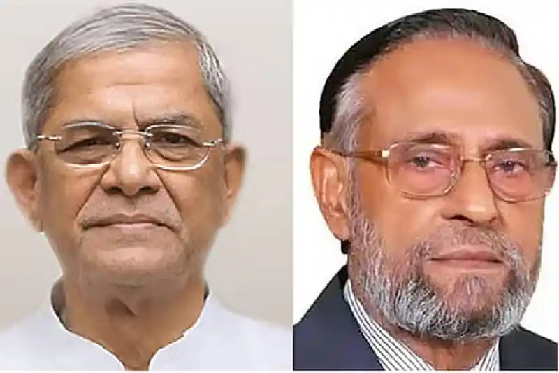 দুই প্রবীণ রাজনীতিবিদের ছবি, একে অপরের পাশে দাঁড়িয়ে. Channel i News - চ্যানেল আই নিউজ