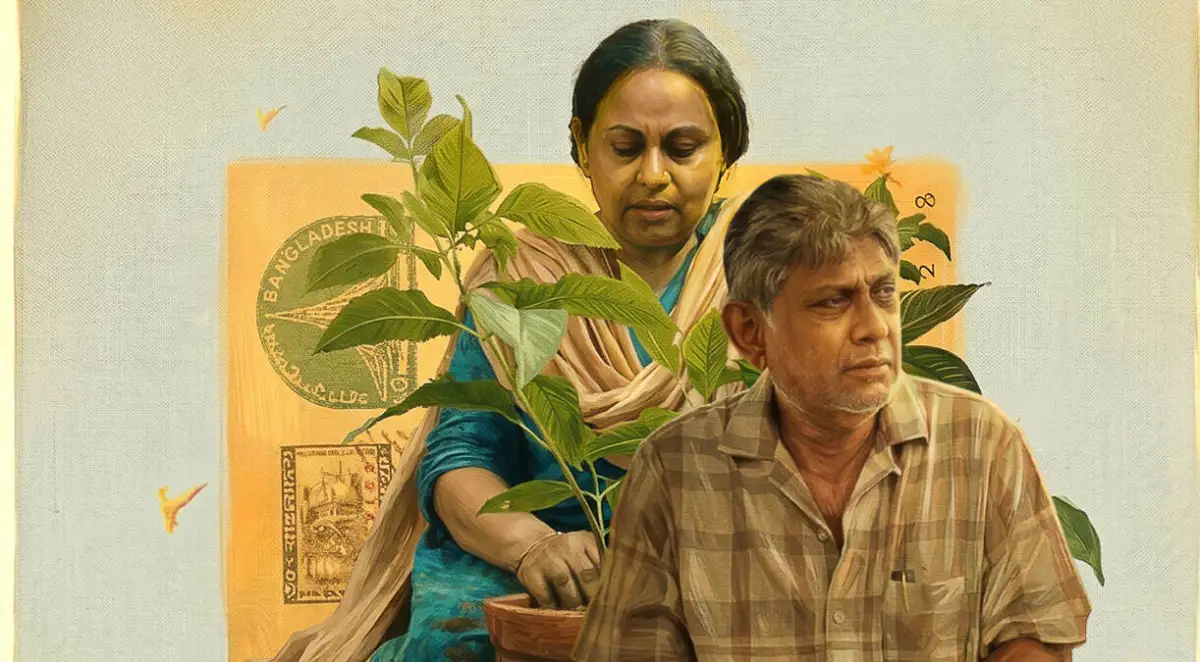 আফজাল ও মিমি একসঙ্গে বসে থাকছেন, পেছনে বাংলাদেশ নির্বাচন কমিশনের বোর্ড. Channel i News - চ্যানেল আই নিউজ