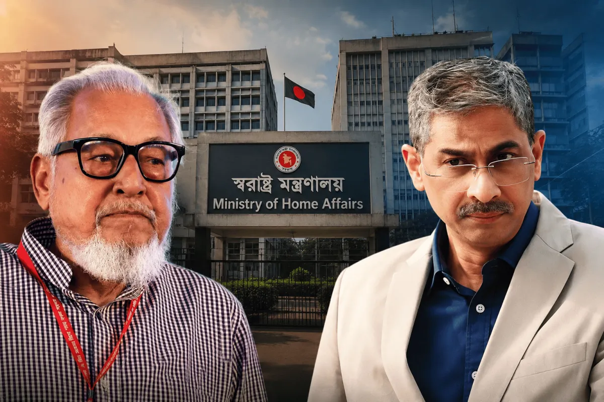 দুইজন রাজনীতিবিদ মিনিস্ট্রি অব হোম অ্যাফেয়ার্স ভবনের সামনে. Channel i News - চ্যানেল আই নিউজ