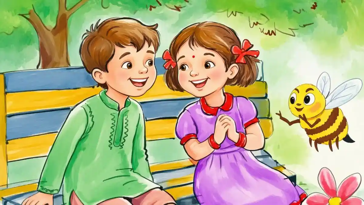 বাচ্চারা বাগানে বসে হাসিমুখে কথা বলছে, পাশে মৌমাছি উড়ছে. Channel i News - চ্যানেল আই নিউজ